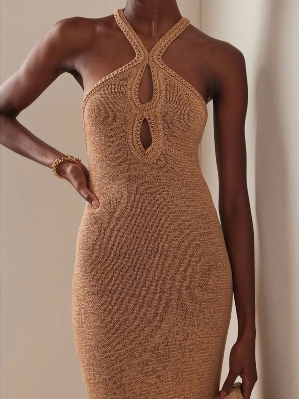 Significant Other Saoirse Halter Knit  Maxi Dress Biscuit Tan US 4 Resort